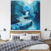 Monochromatisch blauw Abstract watervallandschap Canvas Afdruk (Insitu (Slaapkamer))