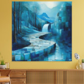Monochromatisch blauw Abstract watervallandschap Canvas Afdruk (Insitu (Woonkamer))