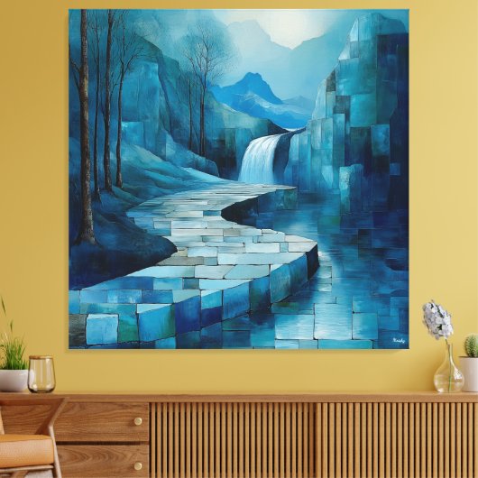 Monochromatisch blauw Abstract watervallandschap Canvas Afdruk (Insitu (Woonkamer))
