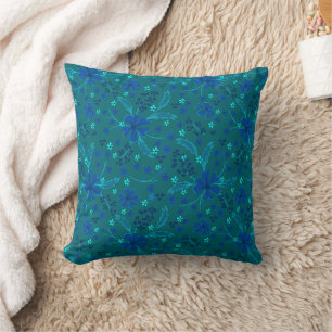 Monochromatisch donker turquoise blauw retro bloem kussen