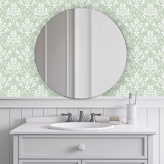 Monochromatisch Elegant Groen Behang (Monochromatic Elegant Green Wallpaper in a white bathroom.)