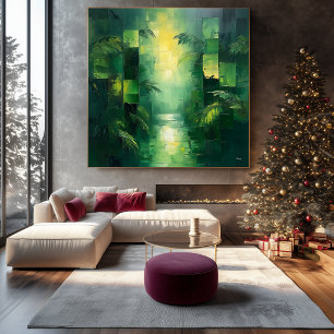 Monochromatisch groen abstract jungellandschap canvas afdruk