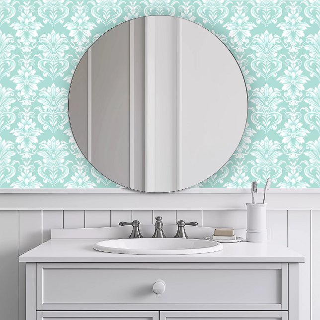Monochromatisch Ingewikkeld Turquoise Behang (Monochromatic Intricate Turquoise Wallpaper in a white bathroom.)