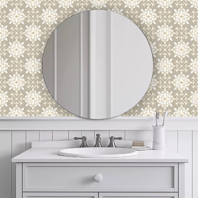 Monochromatisch Khaki Geometrisch Behang (Monochromatic Khaki Geometric Wallpaper in a white bathroom.)