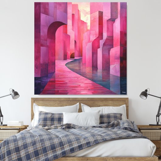 Monochromatisch Roze Abstract stadsgezicht met Pat Canvas Afdruk (Insitu (Slaapkamer))