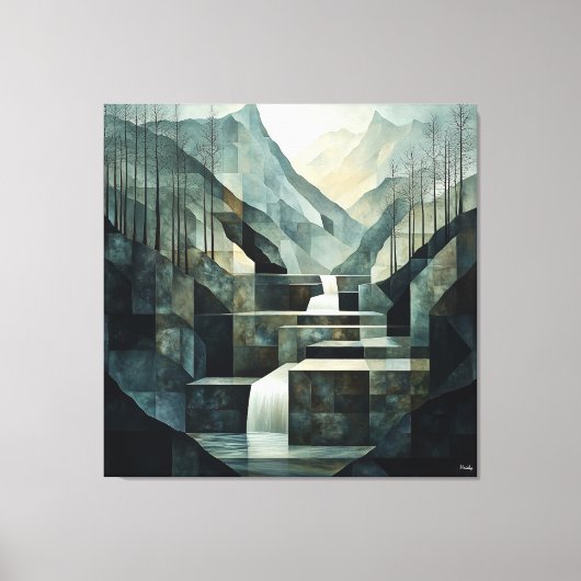 Monochromatische Abstracte Mountain Waterfall Geom Canvas Afdruk (Voorkant)