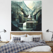 Monochromatische Abstracte Mountain Waterfall Geom Canvas Afdruk (Insitu (Slaapkamer))