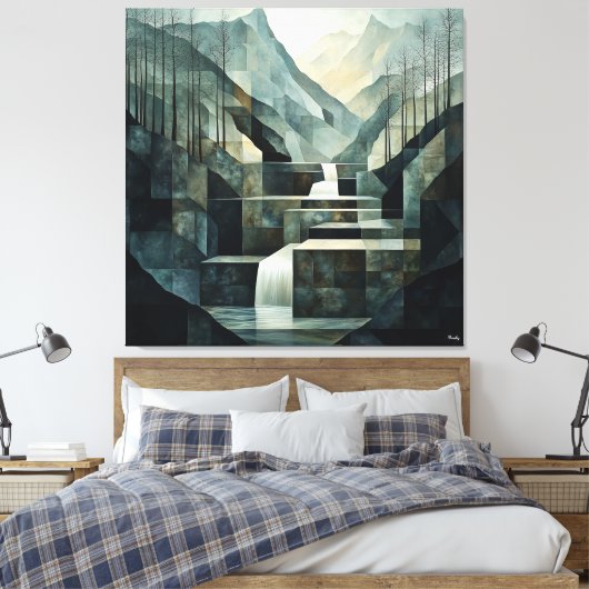 Monochromatische Abstracte Mountain Waterfall Geom Canvas Afdruk (Insitu (Slaapkamer))