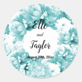 Monochromatische Aqua Floral Wreath Wedding Sticke Ronde Sticker