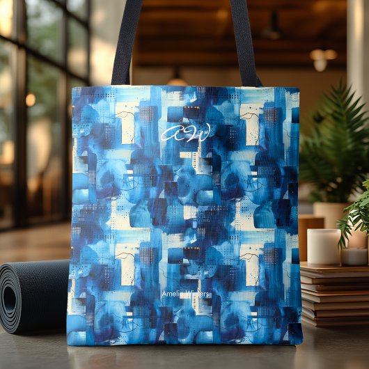 Monochromatische blauw Abstracte gepersonaliseerde Tote Bag