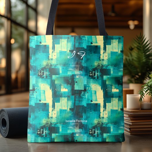 Monochromatische Blauwgroen gepersonaliseerde Canv Tote Bag