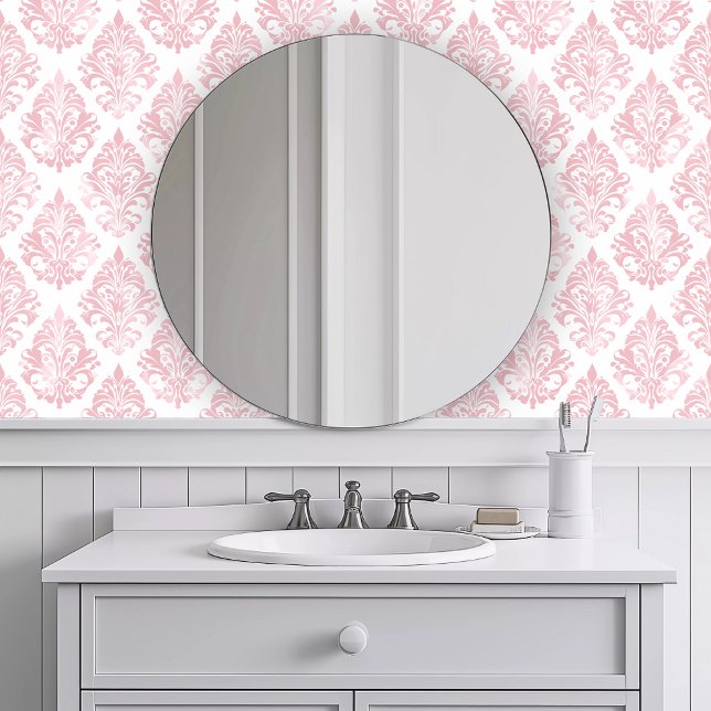 Monochromatische Elegant Roze Behang (Monochromatic Elegant Pink Wallpaper in a white bathroom.)