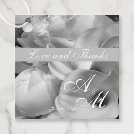 Monochromatische fotografie Witte Callas & pioenen Bedankjes Labels (Voorkant)