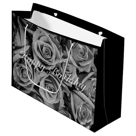 Monochromatische Happy Birthday Rozen Gift Bag Groot Cadeauzakje (Voorkant Gekanteld)