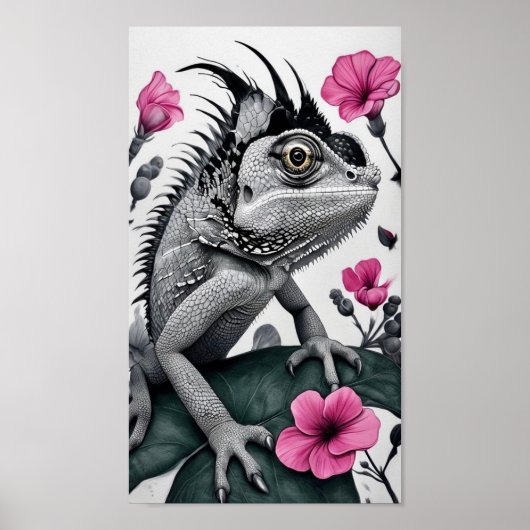 Monochromatische kameleon met roze bloemen poster (Voorkant)