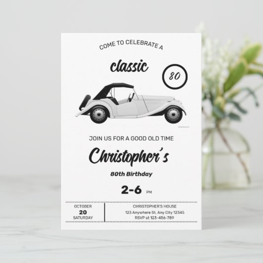 Monochromatische klassieke auto verjaardag uitnodi kaart (Staand voorkant)