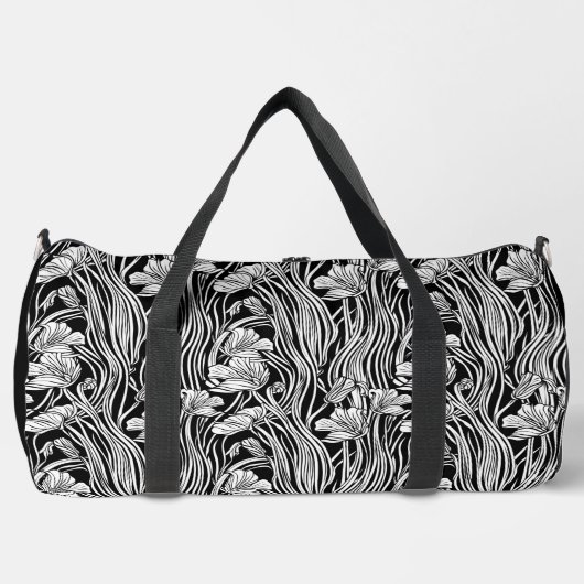 Monochromatische Line Art Floral Duffle Bag Plunjezak (Voorkant)