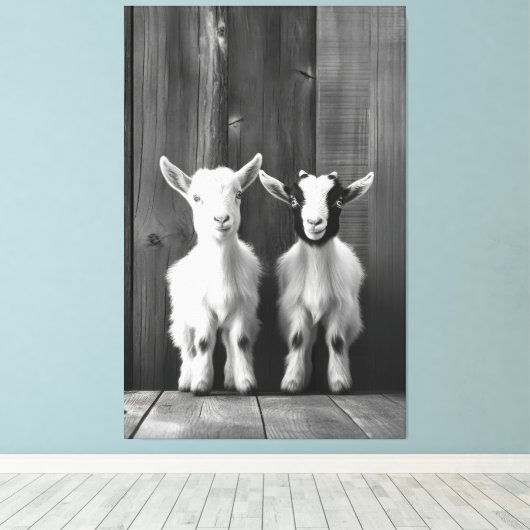 Monochromatische Portret van Twee Baby Geiten Canvas Afdruk (Insitu (Houten vloer))