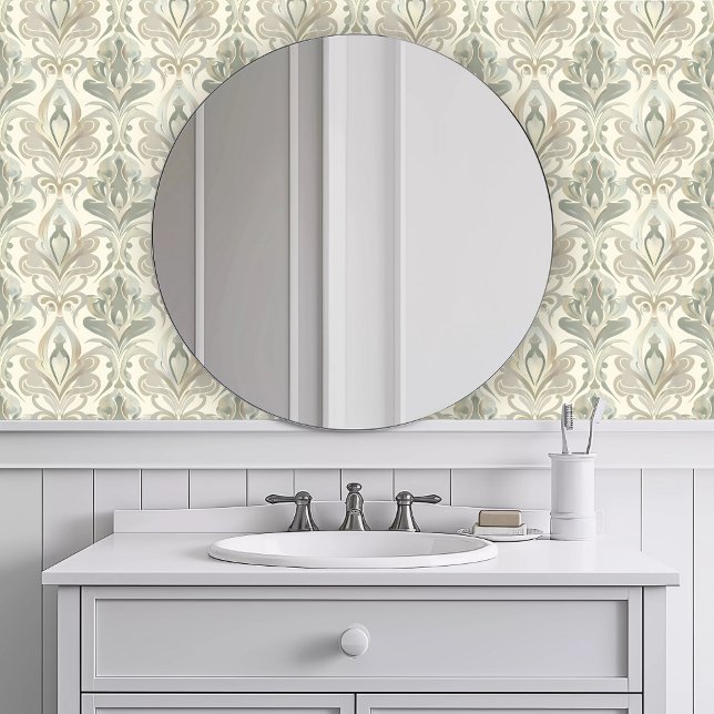Monochromatische tropische olijven behang (Monochromatic Tropical Olive Wallpaper in a white bathroom.)