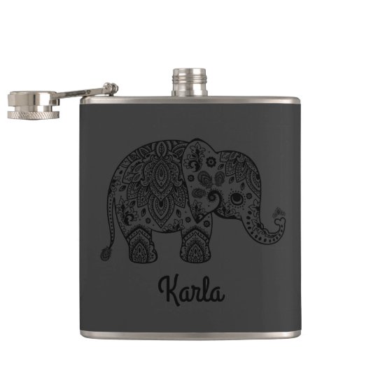 Monochromatische zwarte retro Paisley olifant Heupfles (Geopend)