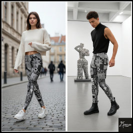Monochrome Abstract Geometrische Folk Art Quilt Leggings
