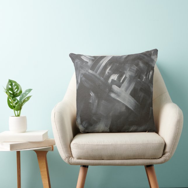 Monochrome Abstracte Penselen Zwart en Wit Kussen (Stoel)