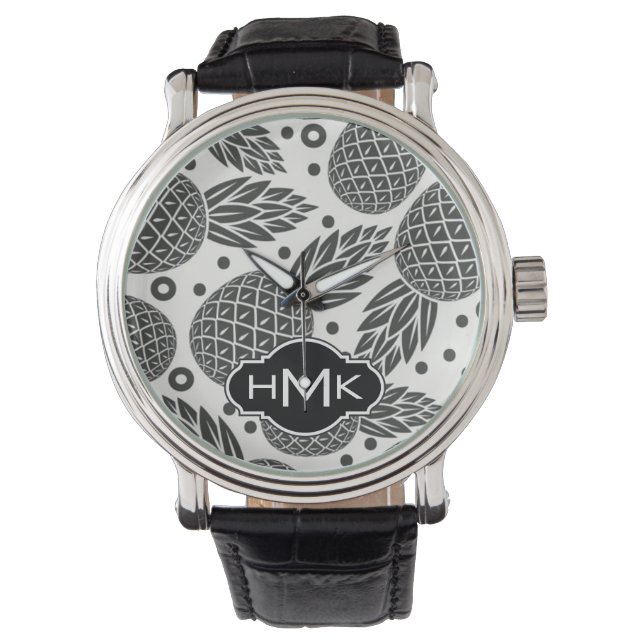 Monochrome anananassen | Monogram Horloge (Voorkant)