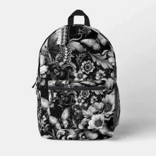 Monochrome Antiek Bloemen met Vlinders Bedrukte Rugzak
