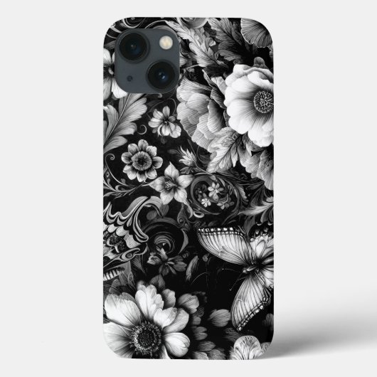 Monochrome Antiek Bloemen met Vlinders Case-Mate iPhone Case (Achterkant)
