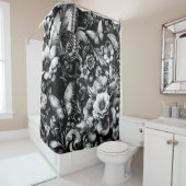 Monochrome Antiek Bloemen met Vlinders Douchegordijn (In situ)