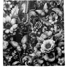 Monochrome Antiek Bloemen met Vlinders Douchegordijn