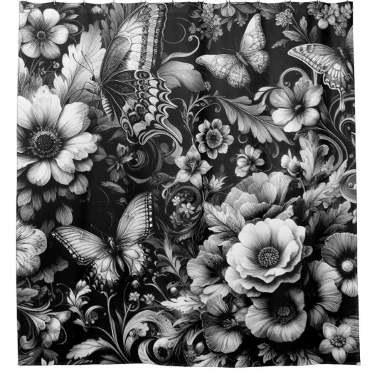 Monochrome Antiek Bloemen met Vlinders Douchegordijn (Voorkant)