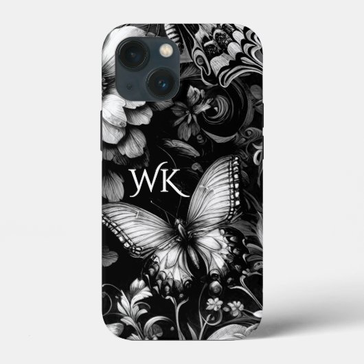 Monochrome Antiek bloemvlinders monogram Case-Mate iPhone Case (Achterkant)