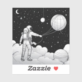 Monochrome Astronaut Holding Balloon Planet  Sticker