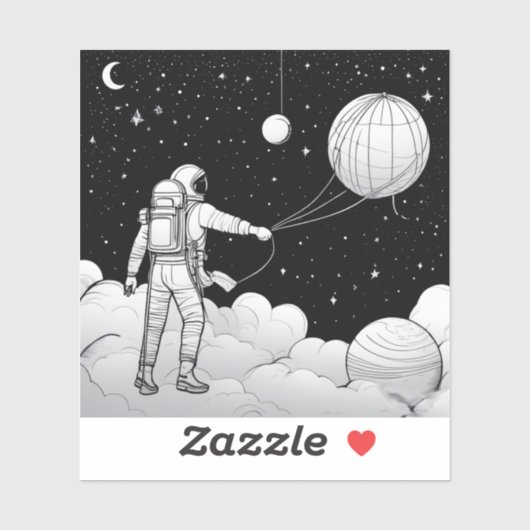 Monochrome Astronaut Holding Balloon Planet Sticker (Vel)