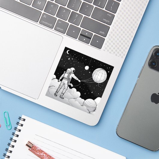 Monochrome Astronaut Holding Balloon Planet  Sticker (Laptop met iPhone)