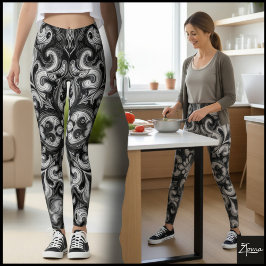 Monochrome Black White Ornamental Filigree Mandala Leggings