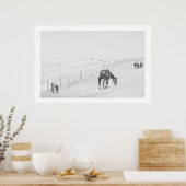 Monochrome Black White Rural Landscape Wilde Paard Poster (Keuken)