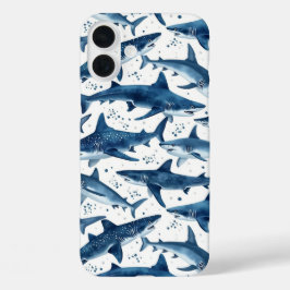 Monochrome blauwe aquarel haaienoceaan iPhone 16 plus hoesje