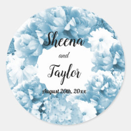 Monochrome blauwe bloemenkrans trouwsticker ronde sticker
