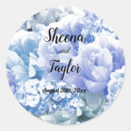Monochrome blauwe bloemige trouwsticker ronde sticker