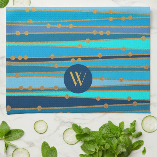 Monochrome blauwe golfband Faux Gold Dot Theedoek (Gevouwen)