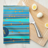 Monochrome blauwe golfband Faux Gold Dot Theedoek (Quarter Fold)