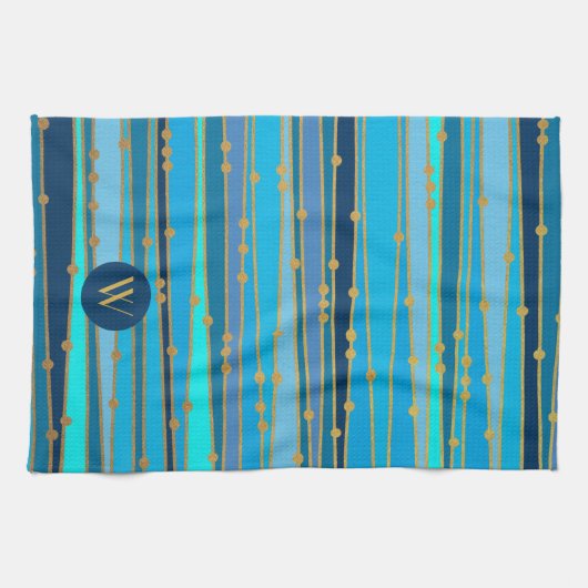 Monochrome blauwe golfband Faux Gold Dot Theedoek (Horizontaal)