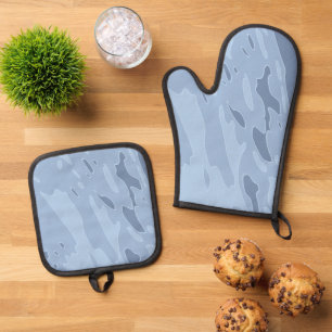 Monochrome blauwe organische schuifvormen ovenwant & pannenlap set