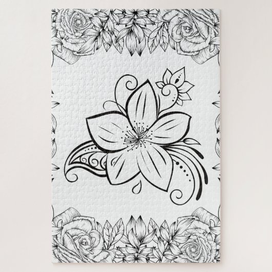 Monochrome Bloemblad Grace – Minimalistische Bloem Legpuzzel (Verticaal)