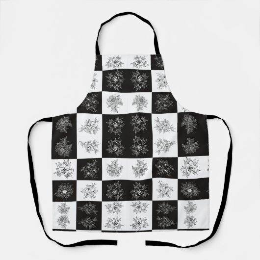 Monochrome bloemen en schaakbordpatroon schort (Voorkant)