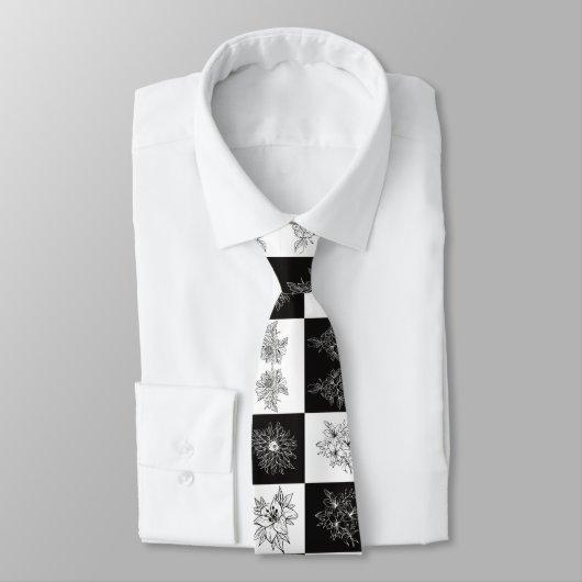 Monochrome bloemen en schaakbordpatroon stropdas (Gebonden)