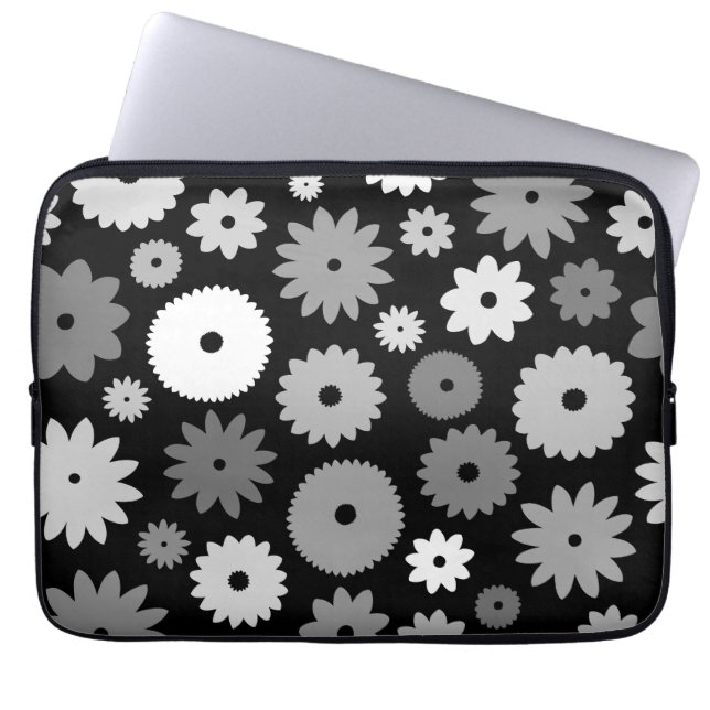 Monochrome Bloemen Groot Patroon Laptop Sleeve (Voorkant)