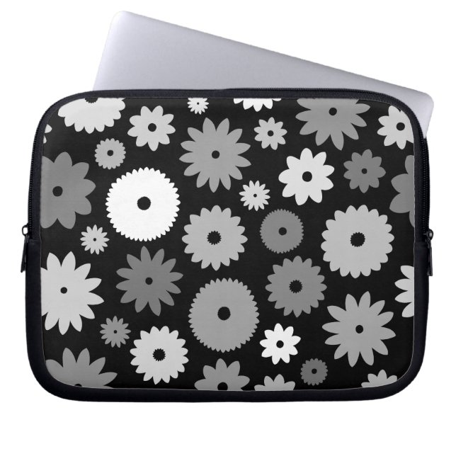 Monochrome Bloemen Groot Patroon Laptop Sleeve (Voorkant)